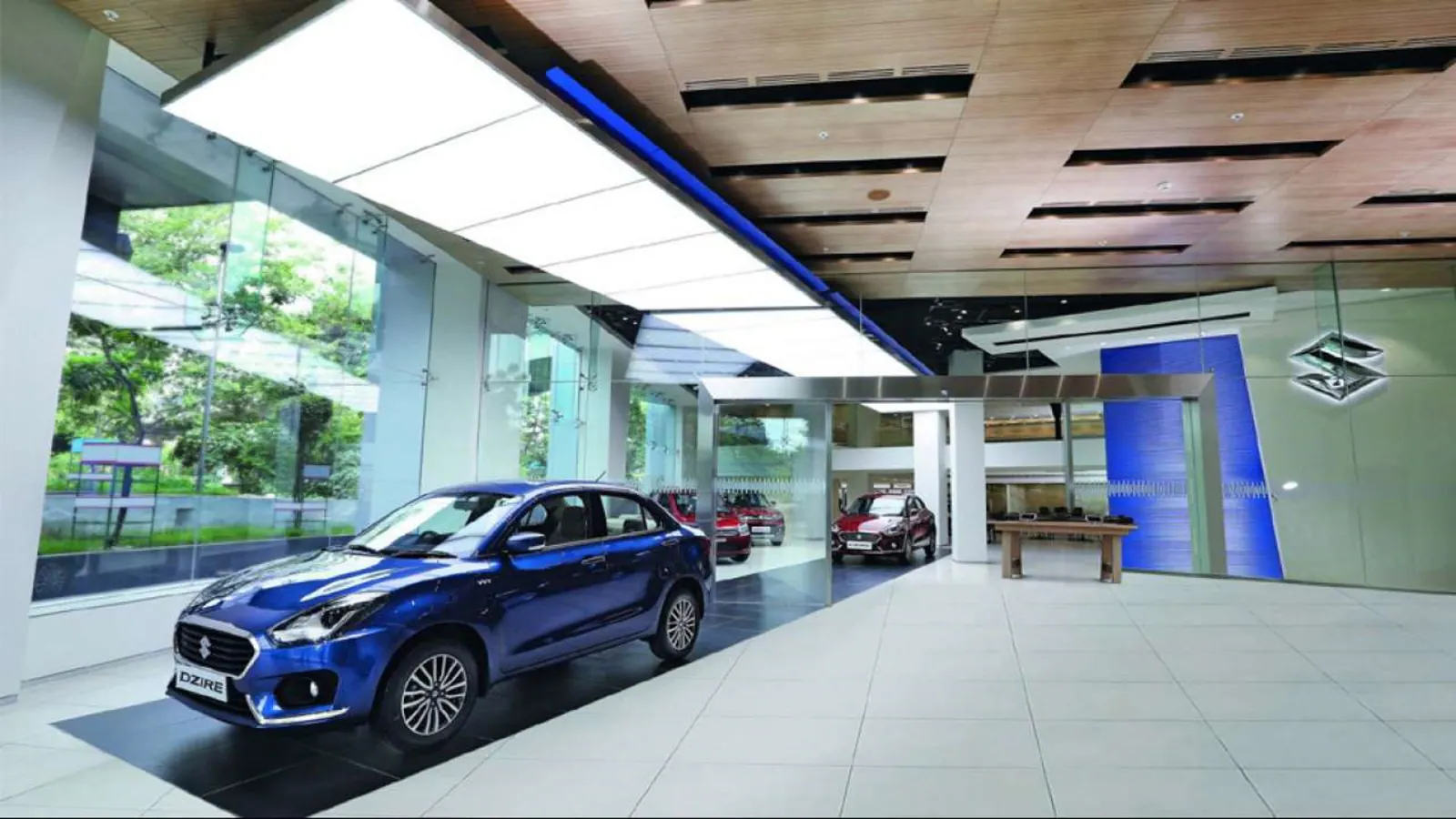 Maruti Suzuki showroom with a blue display car